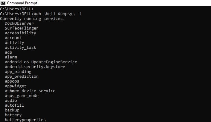 list dump services using android dumpsys tool
